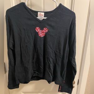 Disney Store L Top Black Flower Mickey Mouse Embroidered Shirt Long Sleeve Lg